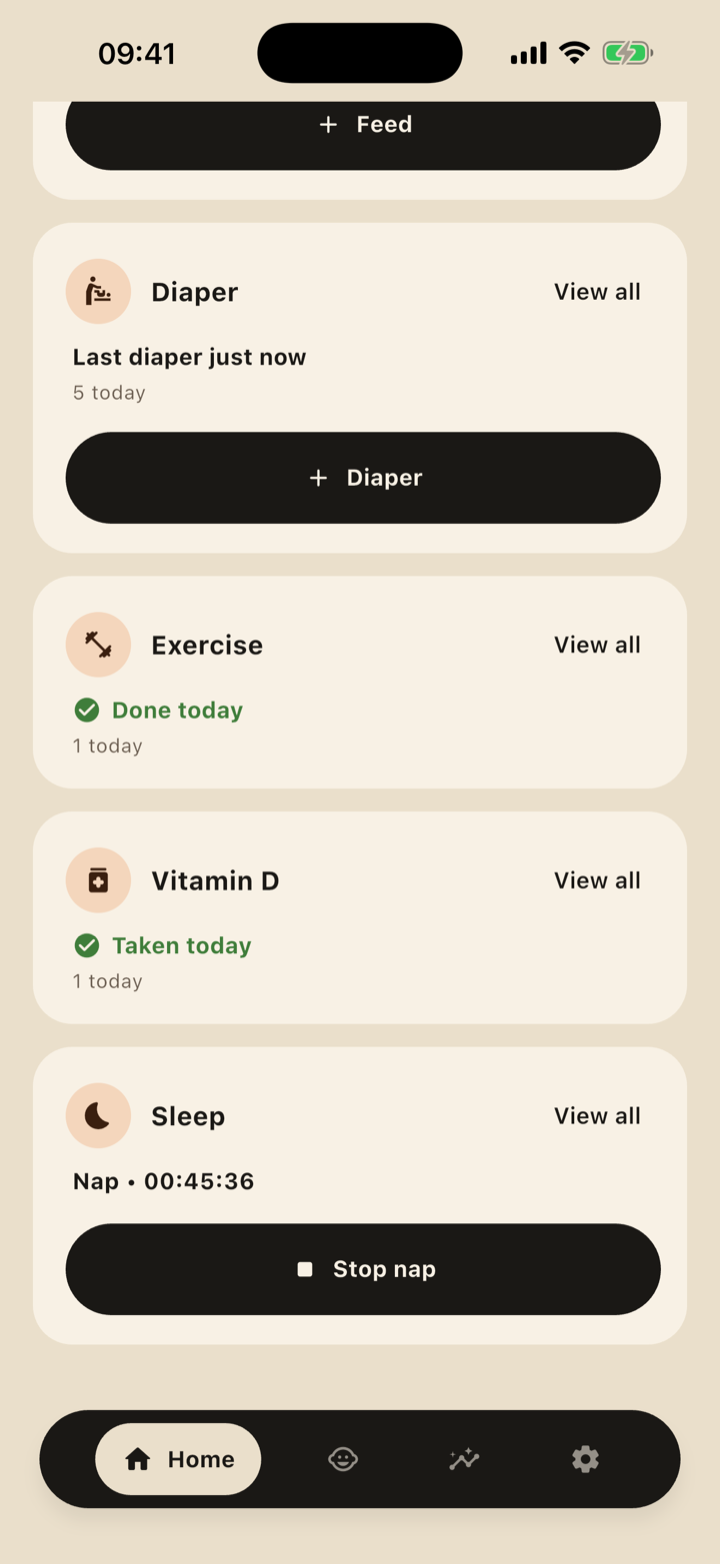 Home screen with exercise and medication tracking
